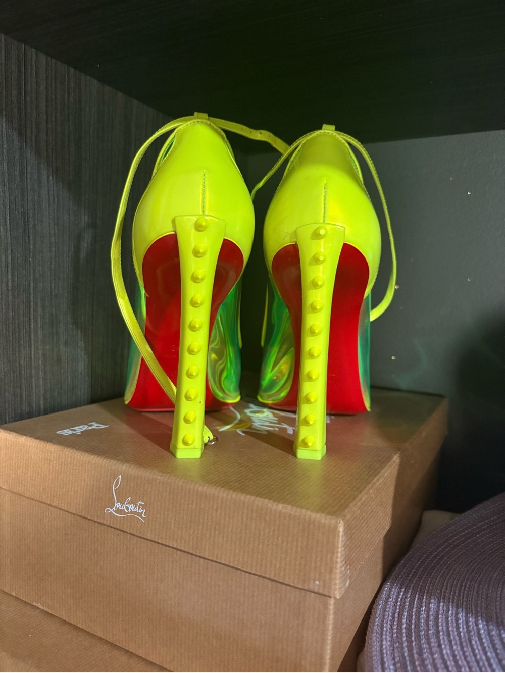 Christian Louboutin Neon Yellow Iridescent Pointed-Toe Ankle-Strap Heels - Picture 9 of 14